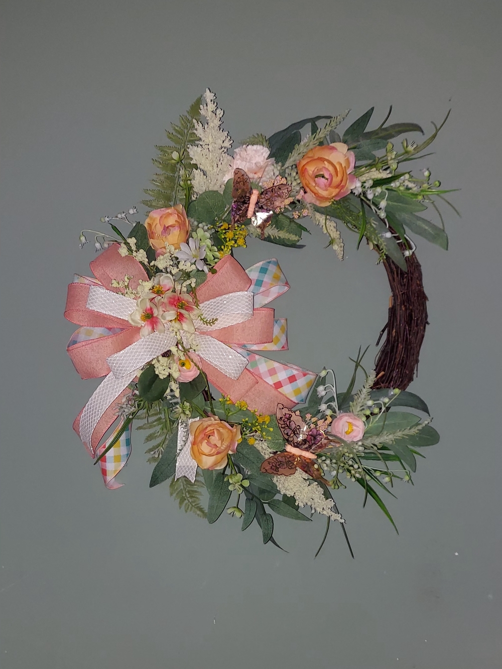Peach Floral Spring Wreath with Ribbon Bow
